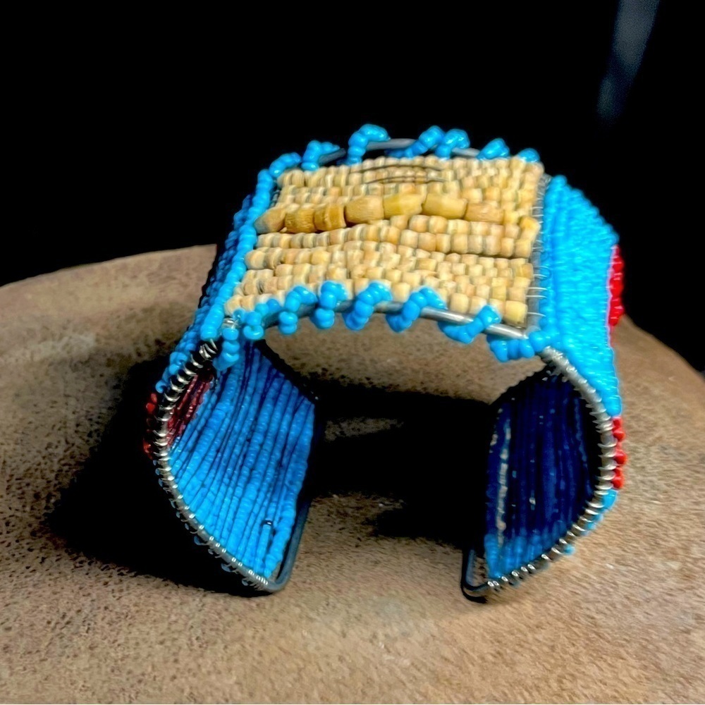 Artisan Handmade seed and wooden bead cuff bracelet 2.5” H - Picture 3 of 5